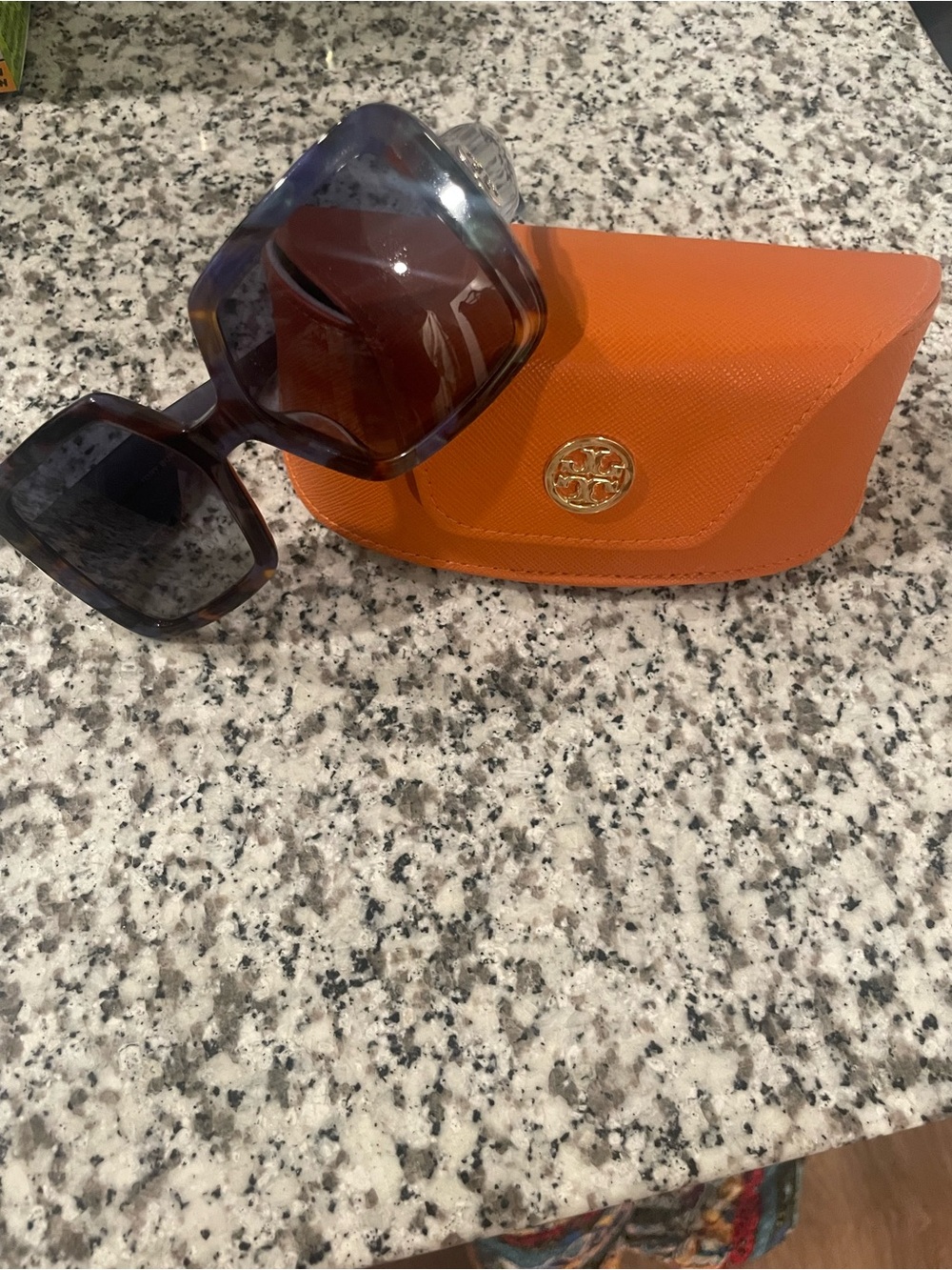 Tory Burch Orange Sunglass Case with Dark Tortoiseshell Oversized Sunglasses